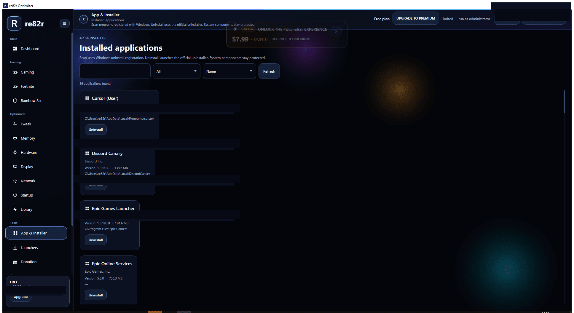 App & Installer page in re82r Optimizer