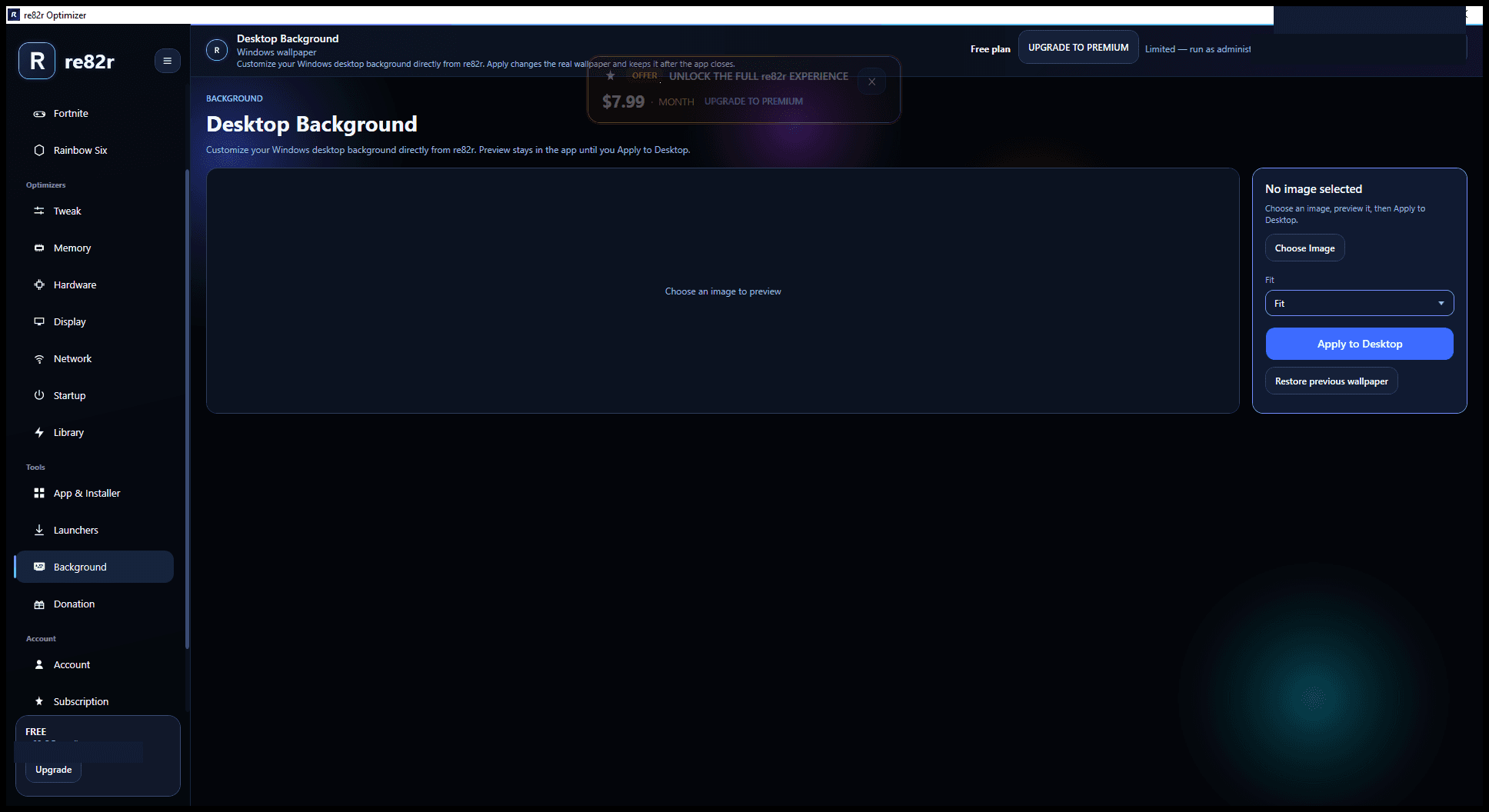 Desktop Background page in re82r Optimizer