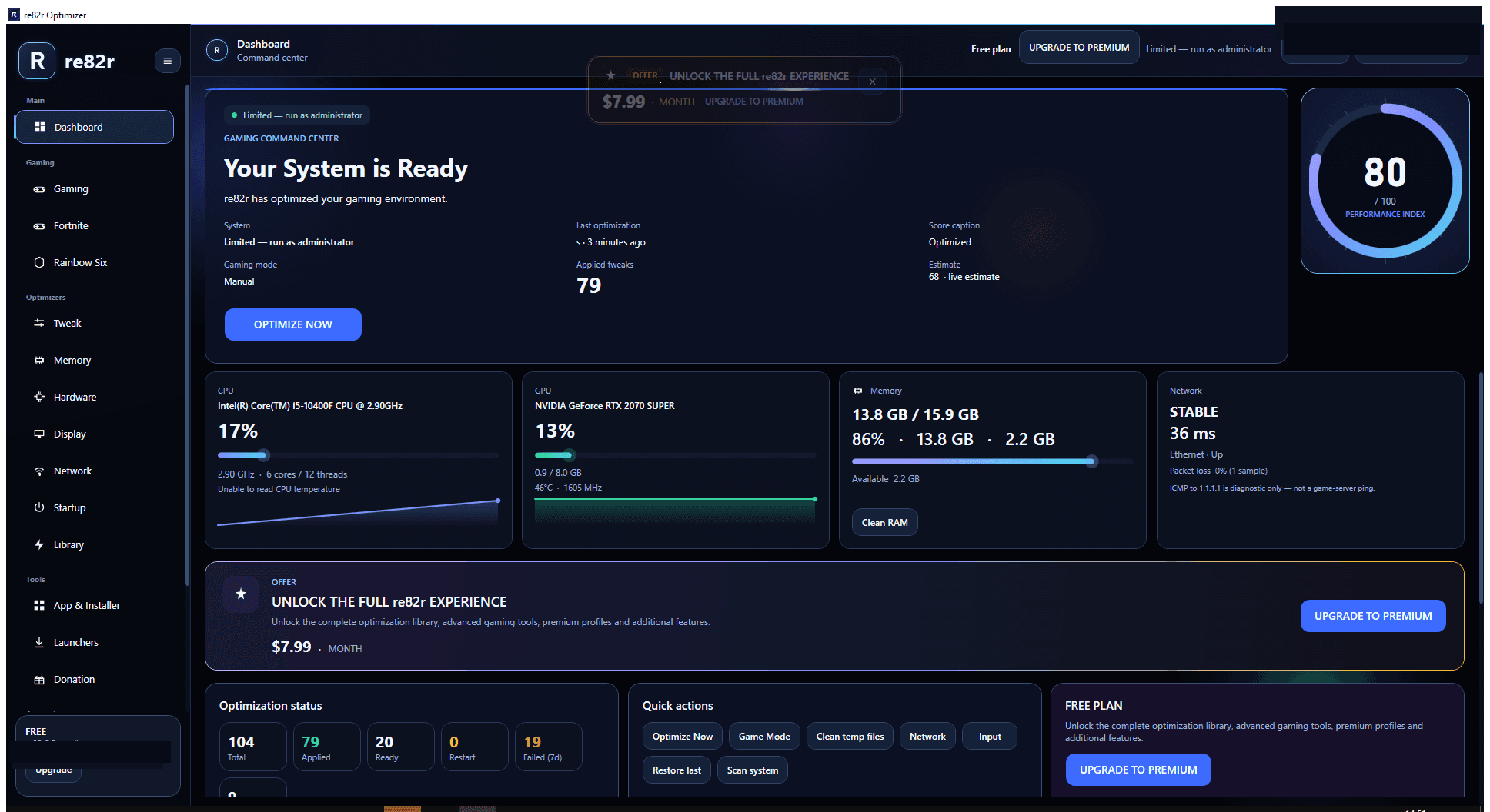 re82r Optimizer dashboard with system status and sidebar