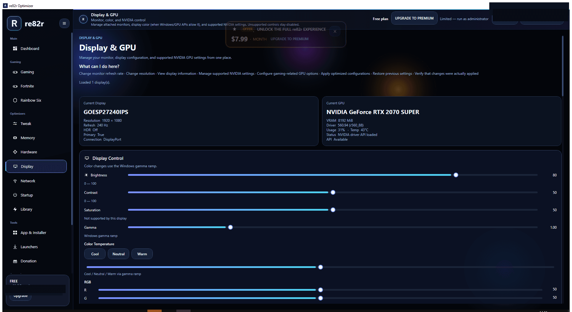 Display and GPU page in re82r Optimizer