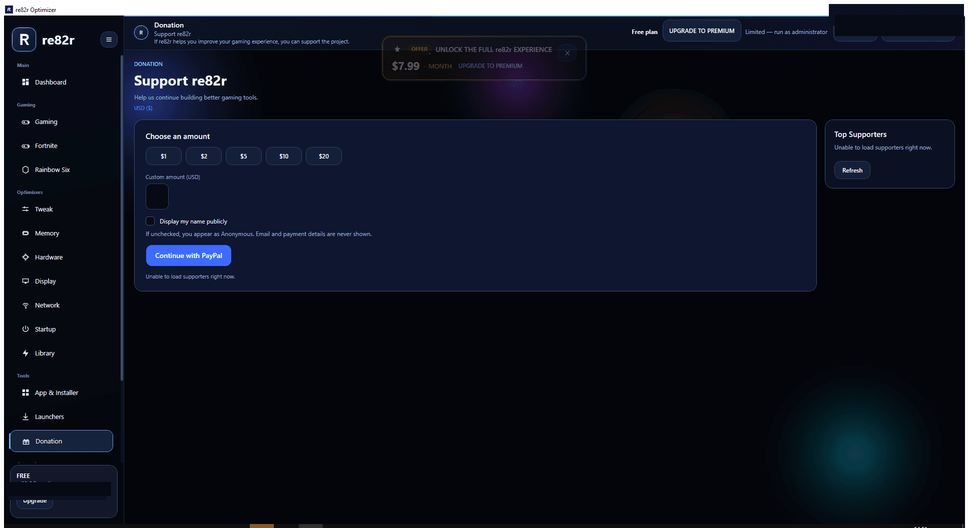 Donation page in re82r Optimizer