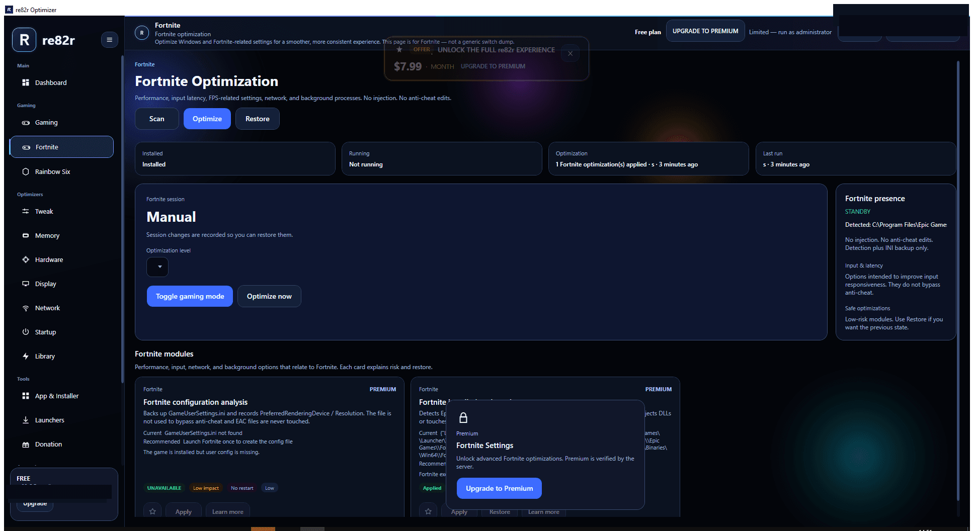 Fortnite page in re82r Optimizer