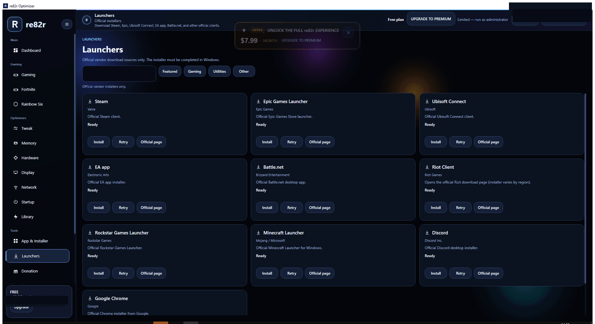 Launchers page in re82r Optimizer