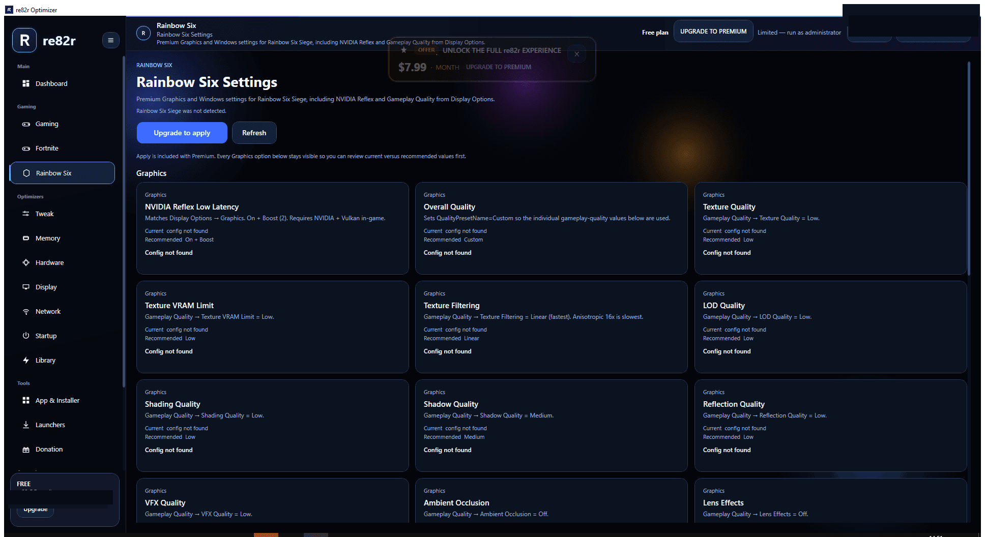 Rainbow Six Settings page in re82r Optimizer